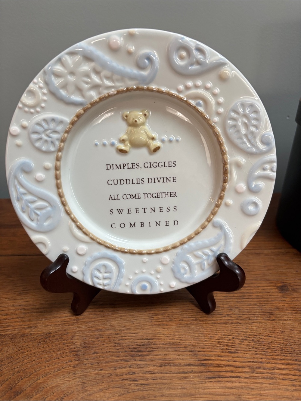 Grasslands Road Baby Keepsake Decorative Wall Plate in Cream and Pastel Blue